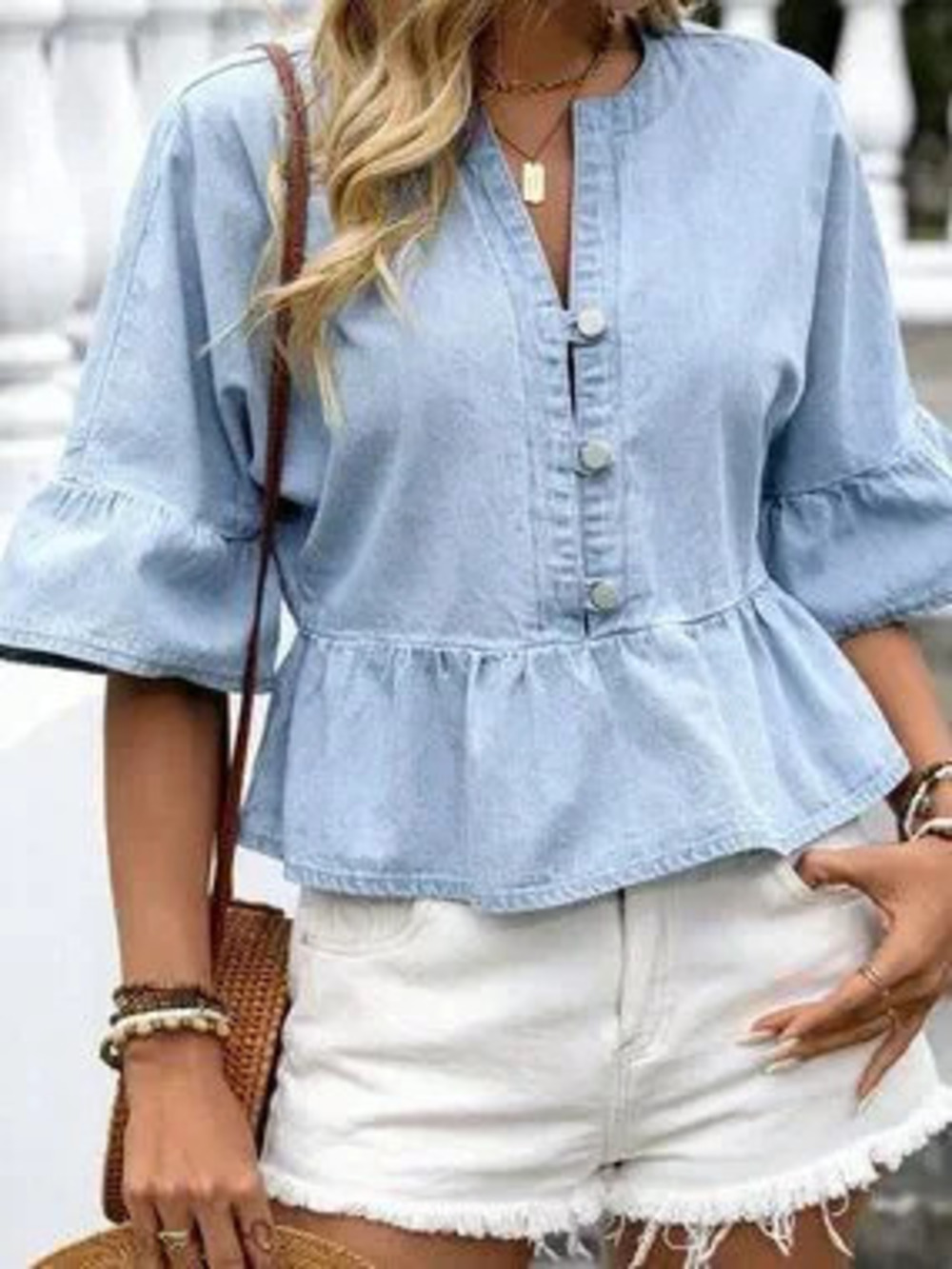 Casual Women's Front Button Light Wash Denim Shirt